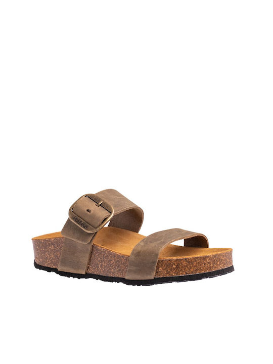 Leather Women's Flat Sandals Anatomic Flatforms in Khaki Color