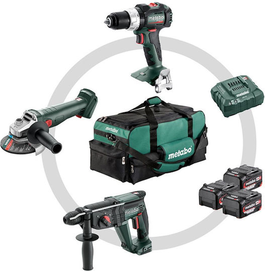 Metabo Combo Σετ Γωνιακός Τροχός, Κρουστικό Δραπανοκατσάβιδο & Πιστολέτο 18V με 3 Μπαταρίες 5.2Ah και Θήκη