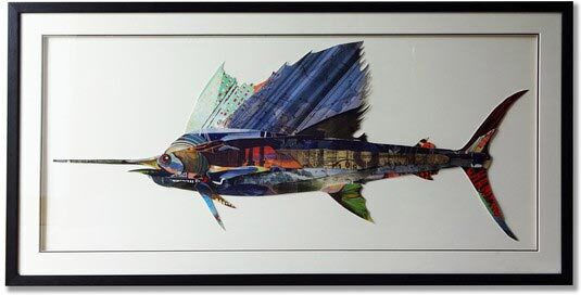 Supergreens Schwertfisch Collage Rahmen Holz 130x65cm