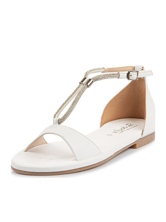 Leather Women's Flat Sandals with Strap in White Color
