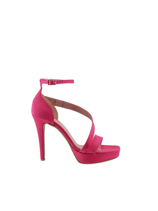 Stefania Platform Fabric Women's Sandals with Ankle Strap Fuchsia with Thin High Heel
