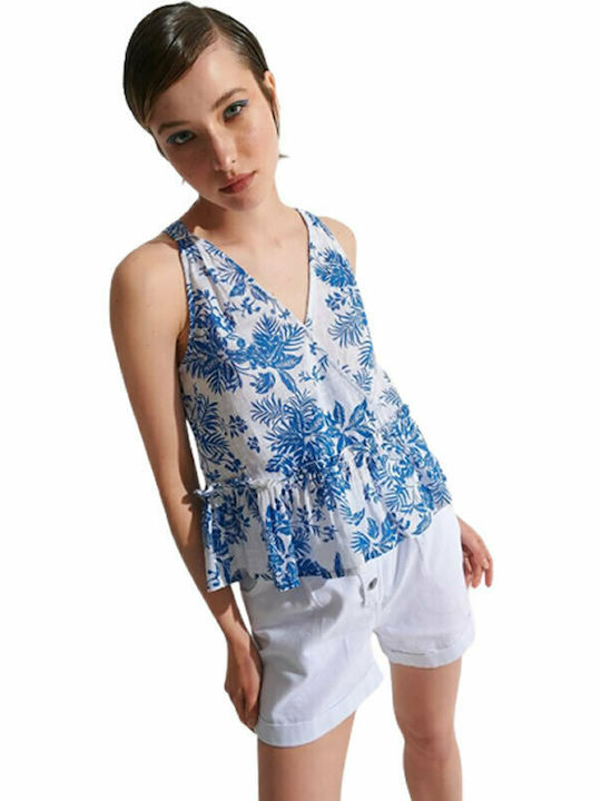 Ale - The Non Usual Casual Damen Sommerliche Bluse Ärmellos mit V-Ausschnitt Blumen Blau