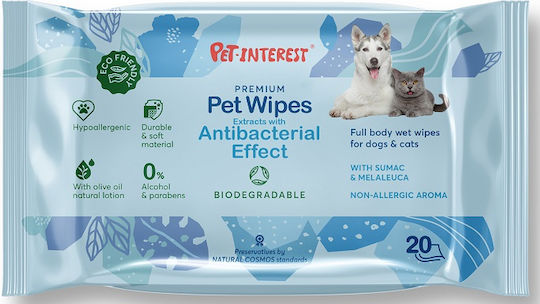 Pet Interest Efect Antibacterian 20 Șervețele Câine și Pisică pentru Curățarea Corpului cu Aloe Fără Alcool