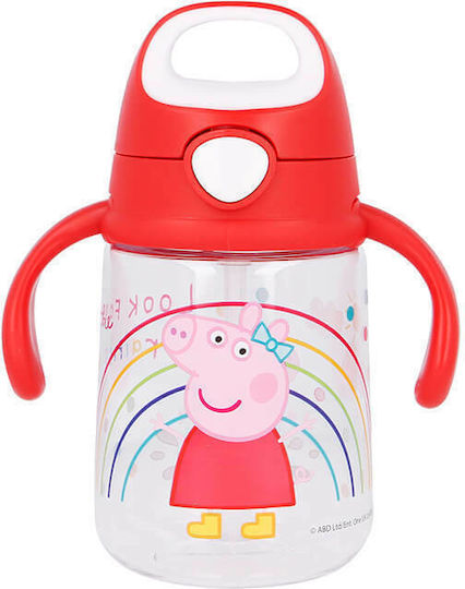 Stor Pop Up Training Kinderflasche Peppa Schwein Kunststoff mit Strohhalm Rot 370ml