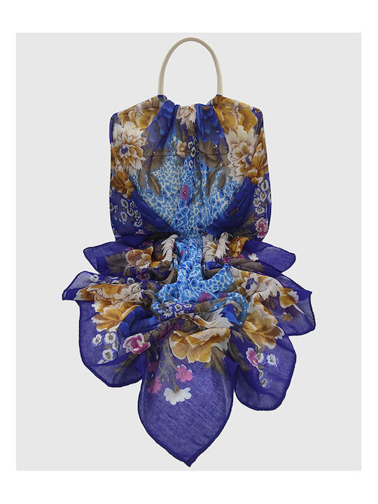 Women's handkerchief in floral pattern square 90 cm x 90 cm Blue
