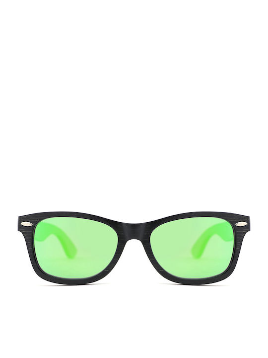 Daponte Men's Sunglasses with Black Wooden Frame and Green Polarized Mirror Lens DAP024B#1