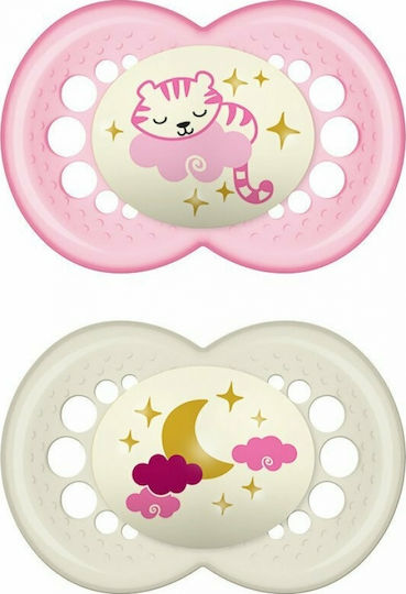 Mam Orthodontic Pacifiers Silicone Night Moon-Sleepy Kitten - Pink-White for 16+ months 2pcs