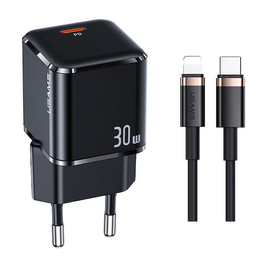 Usams Mobile Phone Charger with USB-C Port and USB-C - Lightning Cable 30W Power Delivery Black