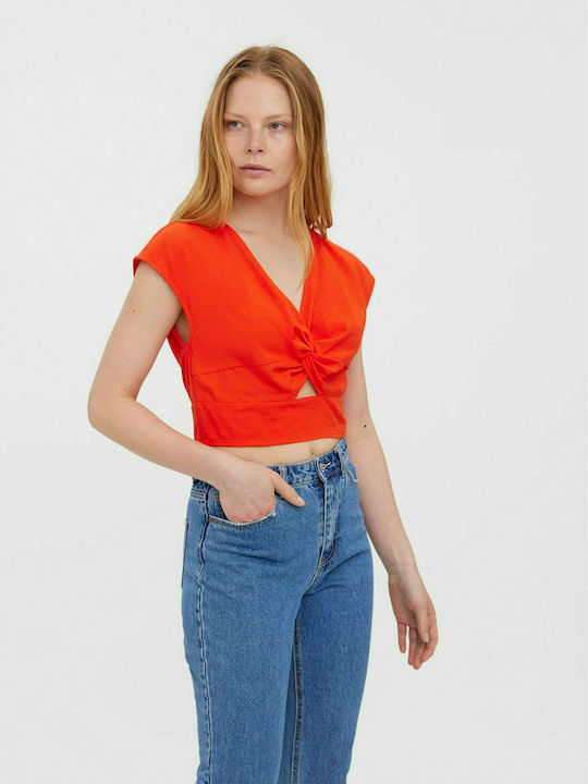 Vero Moda Women's Summer Blouse Linen Short Sleeve with V Neck Orange