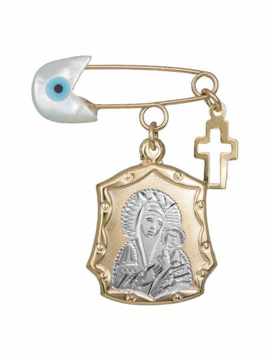 Child Safety Pin made of Gold and White Gold 14K with Cross and Icon of the Virgin Mary