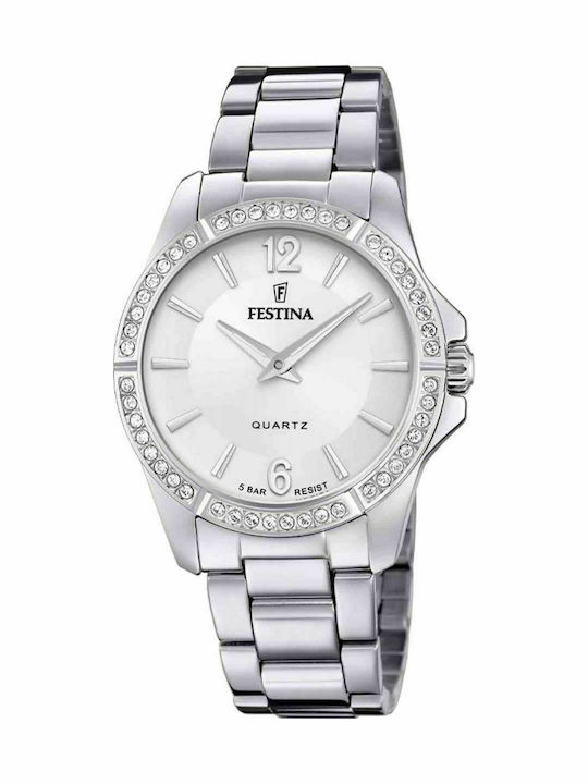 Festina Crystals Γυναικείο Ρολόι 34.5mm Μπαταρίας με Ασημί Μεταλλικό Μπρασελέ