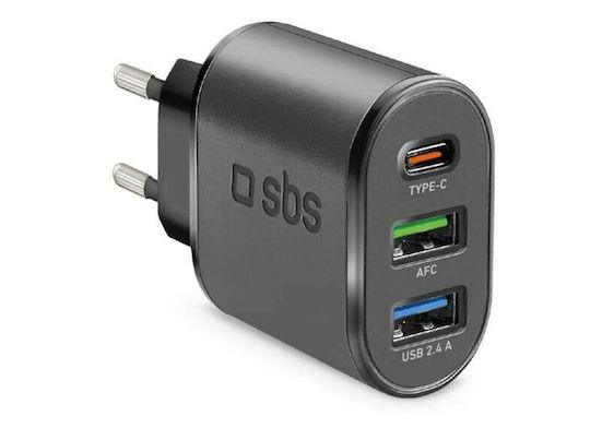 SBS Φορτιστής Χωρίς Καλώδιο με 2 Θύρες USB-A και Θύρα USB-C 30W Power Delivery Μαύρος (TETR2USBTCPD30W)