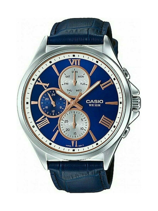 Casio Uhr Chronograph Batterie mit Blau Lederarmband