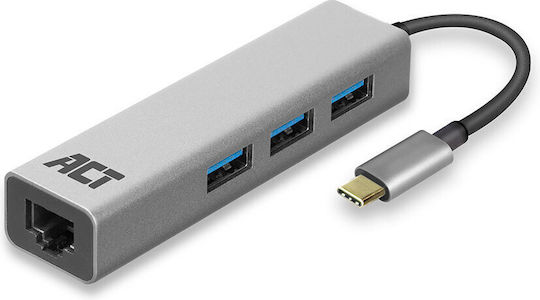 Intronics USB Hub 3 Ports USB 3.2 with USB-C Connection Ethernet Silver