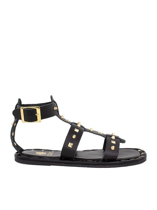 Leather Women's Flat Sandals Gladiator in Black Color