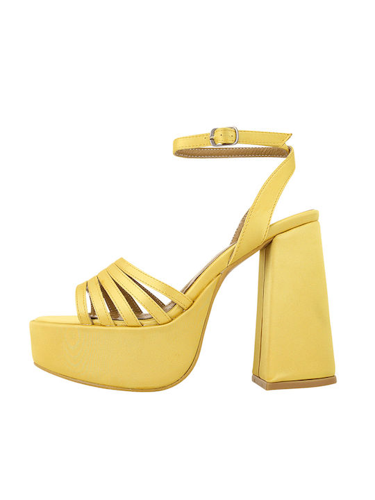 Gianna Kazakou Platform Leather Women's Sandals Segno with Ankle Strap Yellow with Chunky High Heel AE4611.4725.P-75