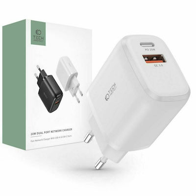 Tech-Protect Ladegerät ohne Kabel mit USB-A Anschluss und USB-C Anschluss 20W Stromlieferung / Schnellaufladung 3.0 Weißs (C20W)
