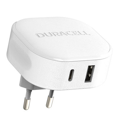 Duracell Charger Without Cable with USB-A Port and USB-C Port 30W Power Delivery Whites (DRACUSB20W-EU)