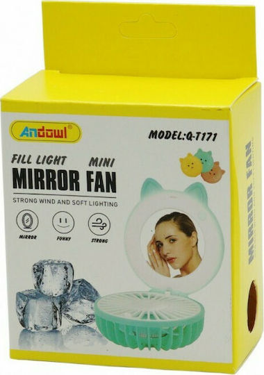Andowl Q-T171 USB Rechargeable 500mAh Portable LED Mirror with Built-in Fan Yellow