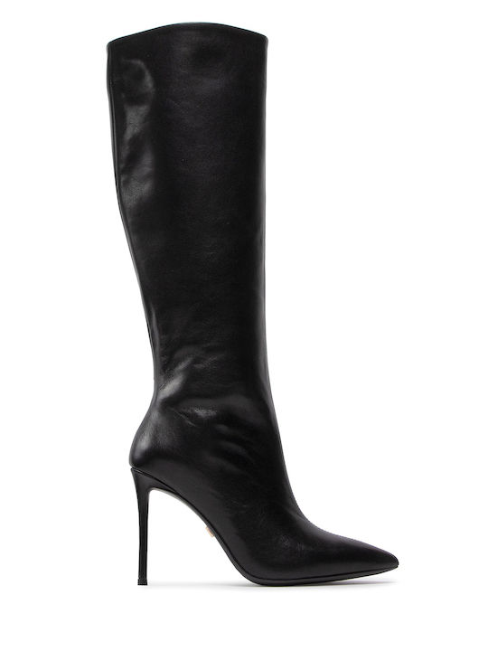 Eva Longoria Δερμάτινες Γυναικείες Μπότες με Ψηλό Τακούνι Μαύρες