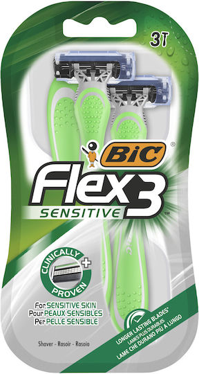 BIC Flex3 Sensitive Ξυραφάκια μιας Χρήσης με 3 Λεπίδες & Λιπαντική Ταινία για Ευαίσθητες Επιδερμίδες 3τμχ