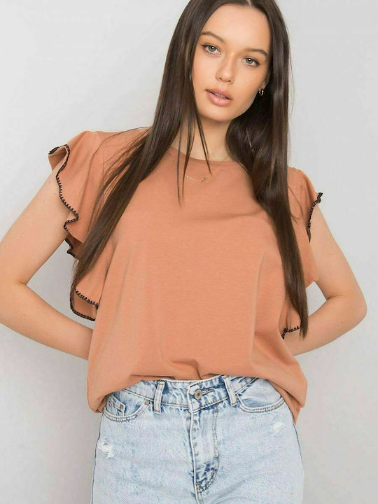 Fancy Damen Sommer Bluse Baumwolle Kurzärmelig Camel