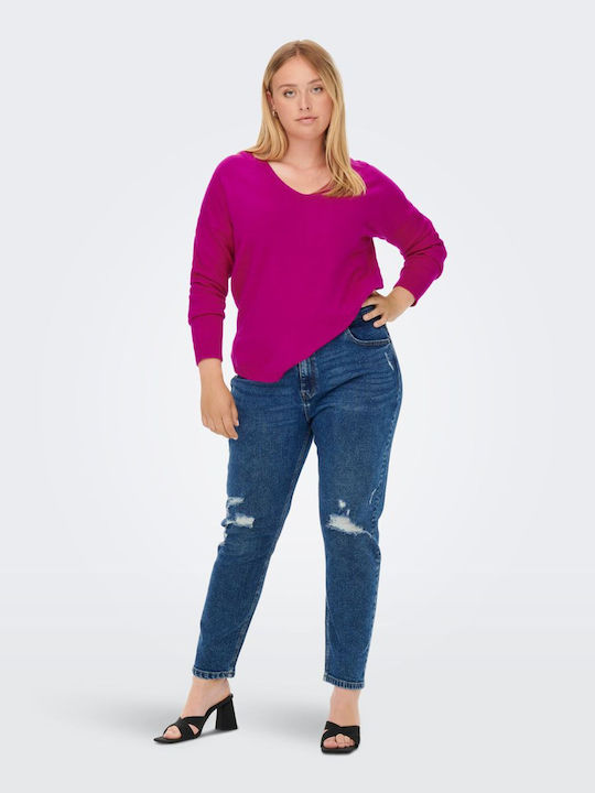 Only Women's Long Sleeve Pullover with V Neck Fuchsia