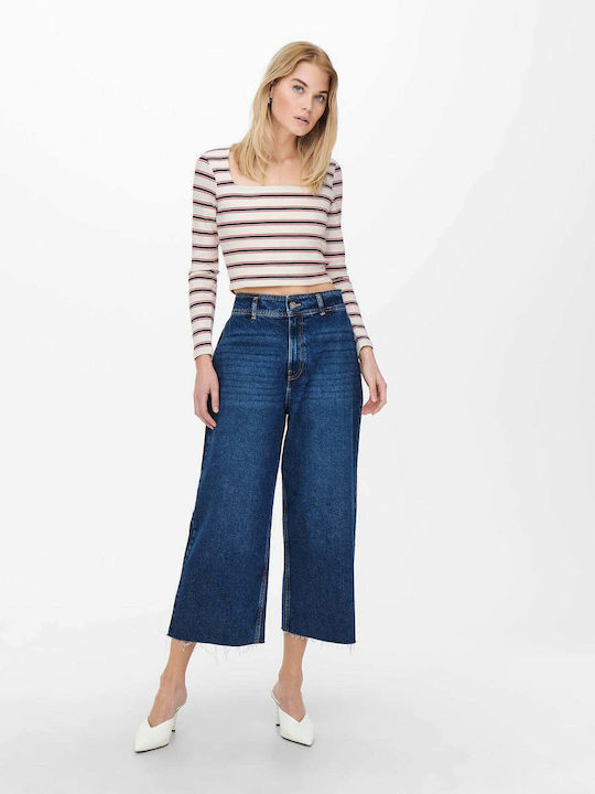 Only Women's Crop Top Long Sleeve Striped Beige