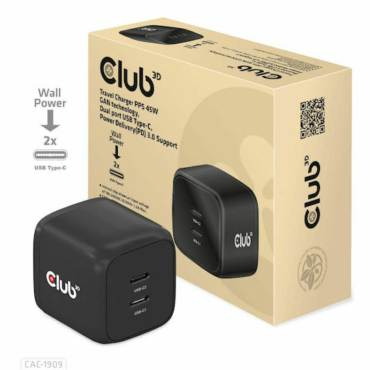 Club3D Φορτιστής Χωρίς Καλώδιο GaN με 2 Θύρες USB-C 45W Power Delivery Μαύρος (PPS)