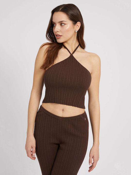 Guess Women's Summer Crop Top Sleeveless with Tie Neck Brown