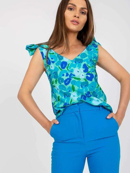 Rue Paris Damen Sommer Bluse Ärmellos Blumen Türkis