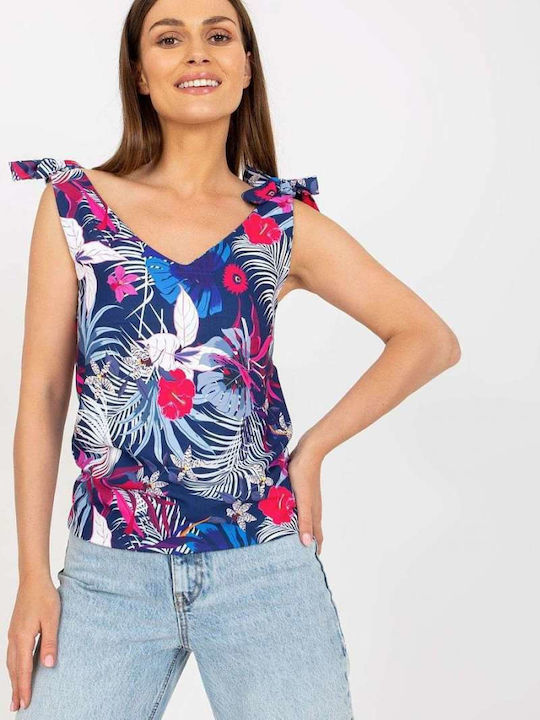 Rue Paris Damen Sommer Bluse Ärmellos Blumen Marineblau