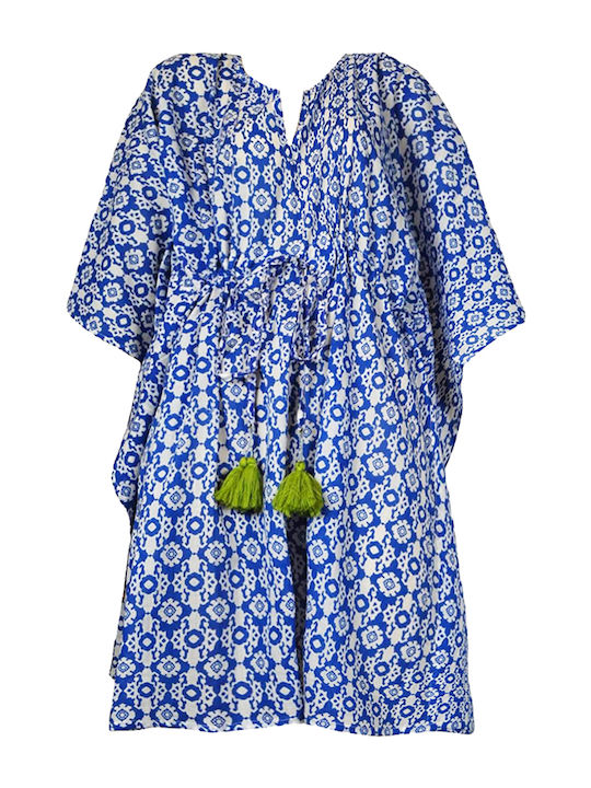 Damen Kaftan Mini Handgefertigt 100% Baumwolle Blau