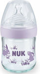 Nuk Sticlă de Sticlă pentru Bebeluși Anti-Colici cu Tetină de Silicon pentru 0-6 luni Violet Iepurași 120ml 1buc