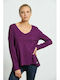 BodyTalk Women's Athletic Cotton Blouse Long Sleeve with V Neckline Purple