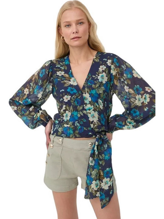 Edwige Γυναικείο Crop Top Μακρυμάνικο με V Λαιμόκοψη Floral Navy Μπλε