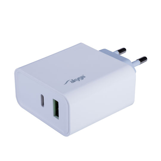 Akyga Charger Without Cable with USB-A Port and USB-C Port 45W Power Delivery / Quick Charge 3.0 Whites (AK-CH-14)