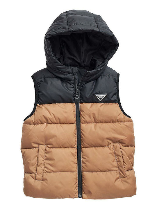 Kids' Quilted Jacket Sleeveless Short with Hood Brown