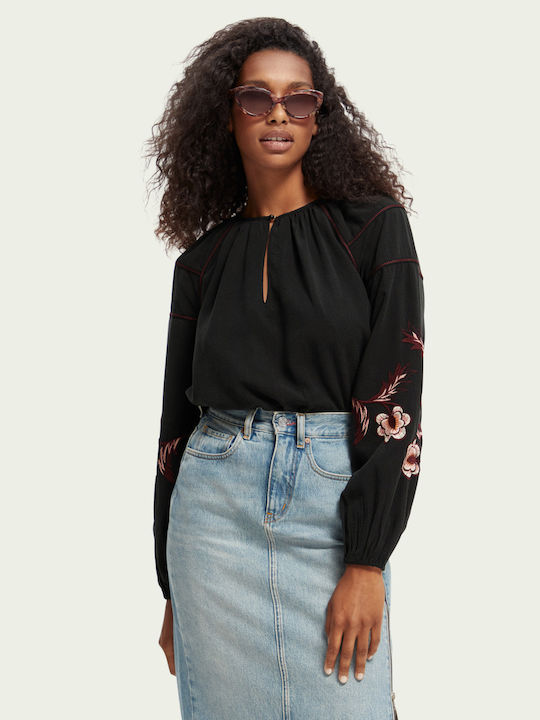 Women's Blouse Long Sleeve with V Neckline Black