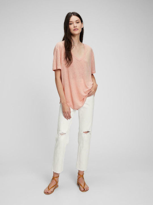 GAP Damen Sommer Bluse Leinen Kurzärmelig mit V-Ausschnitt Rosa