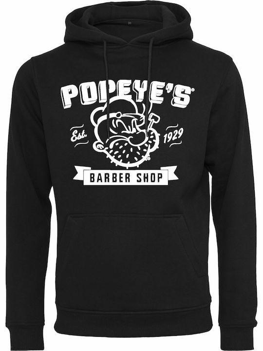 Merchcode Popeye Barber Shop Φούτερ με Κουκούλα Μαύρο