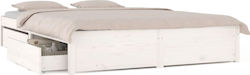 Κρεβάτι King Size από Μασίφ Ξύλο Λευκό με Συρτάρια & Τάβλες 200x200cm