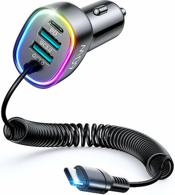 Joyroom Car Charger Black Fast Charging with Ports: 2xUSB 1xType-C with Cable Type-C