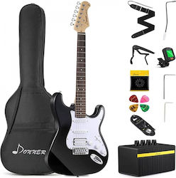 Donner DST-100B Set Elektrische Gitarre mit Form Stratocaster und HSS Pickup-Anordnung Schwarz mit Hülle