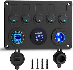 JN-9275 Boat Switch with Panels IP65 Waterproof Panel with 5 Switches & USB 4.2A & Cigarette Lighter Socket & Voltmeter
