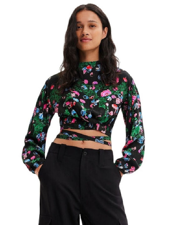 Desigual Garden Damen Crop Top Langarm Blumen Schwarz