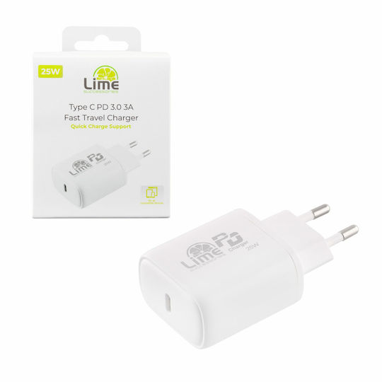 Lime Φορτιστής Χωρίς Καλώδιο με Θύρα USB-C 25W Power Delivery Λευκός (LTC25W)