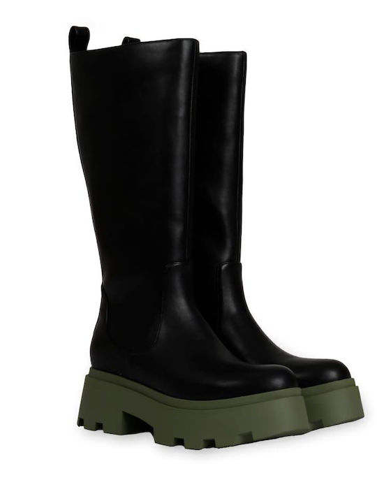 Leather Medium Heel Women's Boots with Zipper Black