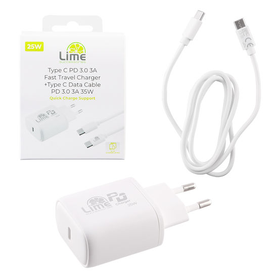 Lime Φορτιστής με Θύρα USB-C και Καλώδιο USB-C 35W Quick Charge 3.0 Λευκός (LCC02)