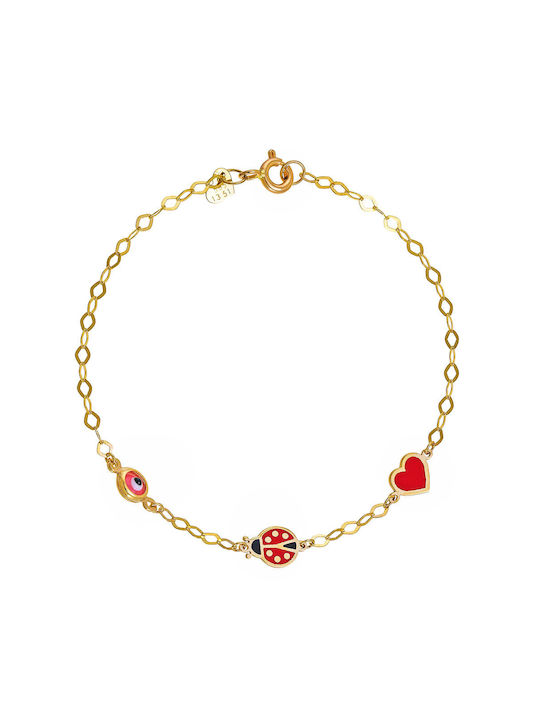 9K Gold Children's Bracelet with Ladybug, Red Enamel Heart & Eye TGB-21499Y